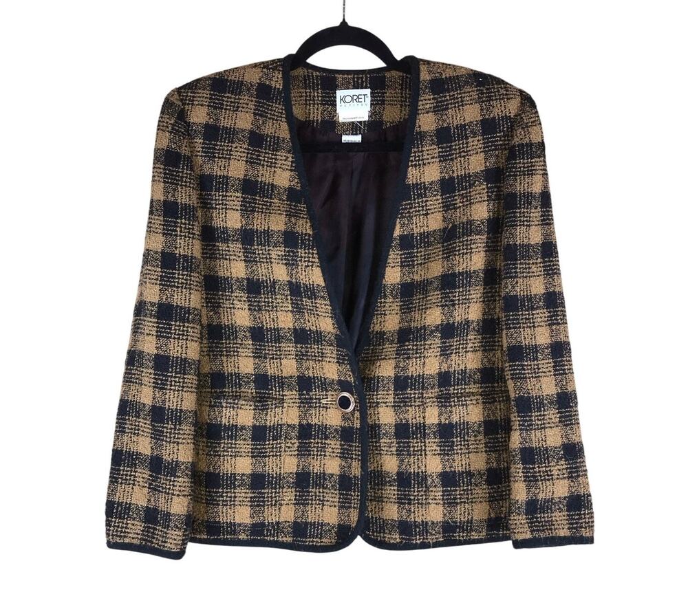 Vintage 90s Koret Blazer Women’s 10 Petite Brown Plaid Wool Office Preppy Jacket